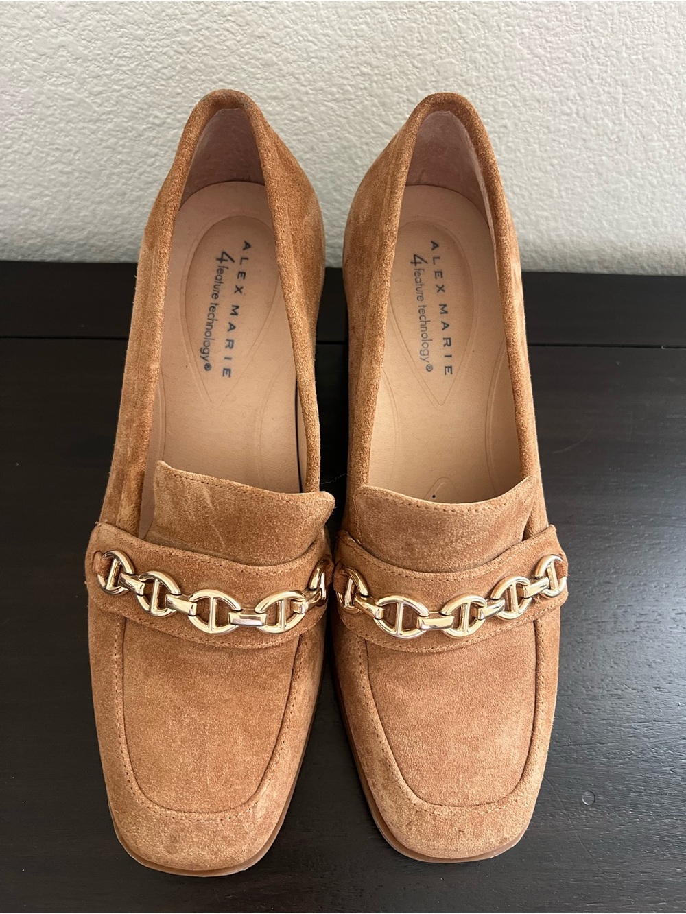 Alex Marie Tan Suede Chain-Trim Block Heel Loafers Women’s 7M